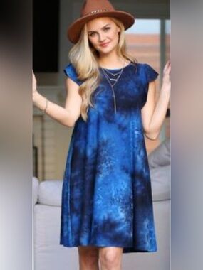 NWT Navy Blue Tie Dye Flutter Sleeve Dress 2X